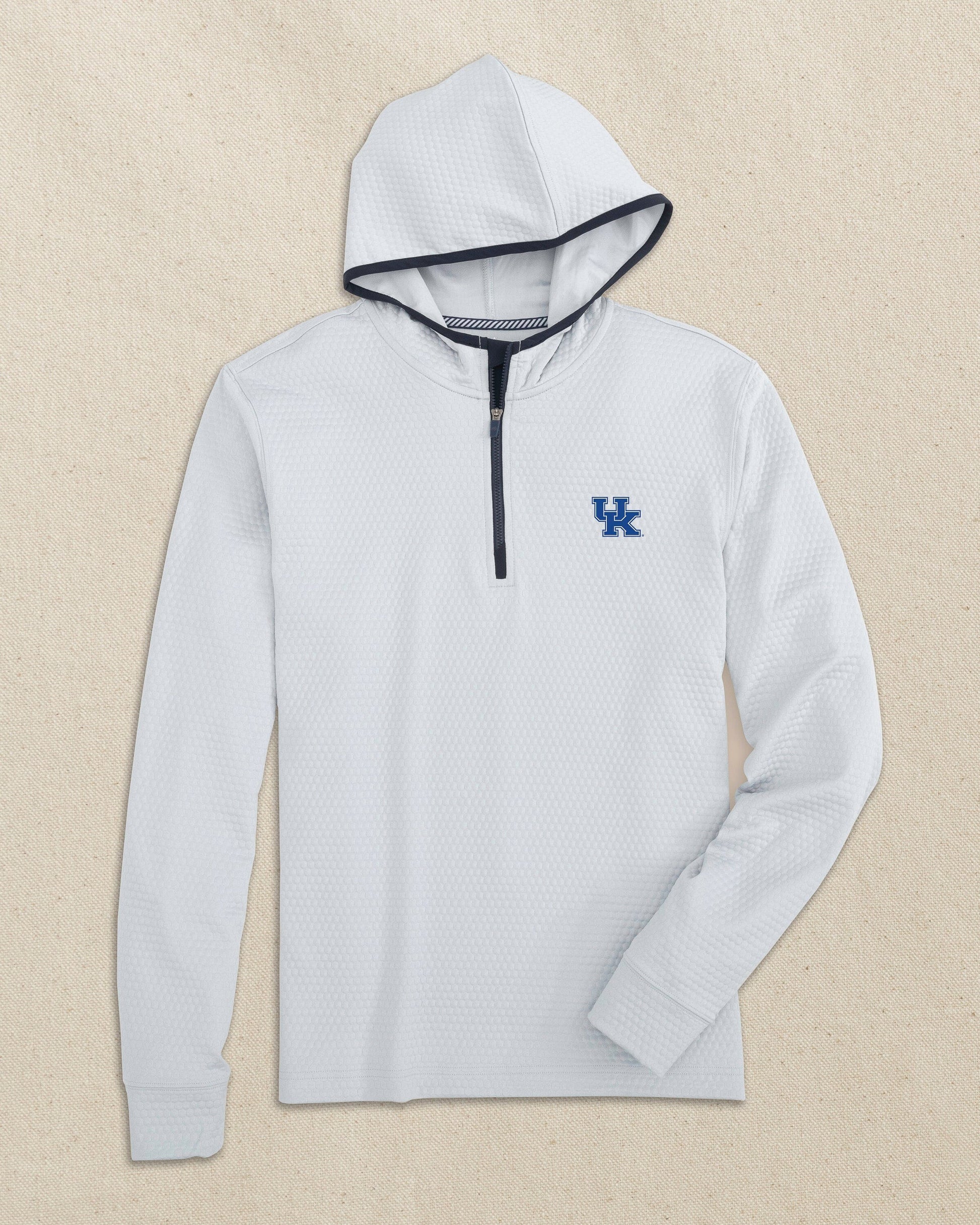 The front view of the Southern Tide Kentucky Wildcats Scuttle Quarter Zip Hoodie by Southern Tide - Heather Slate Grey
