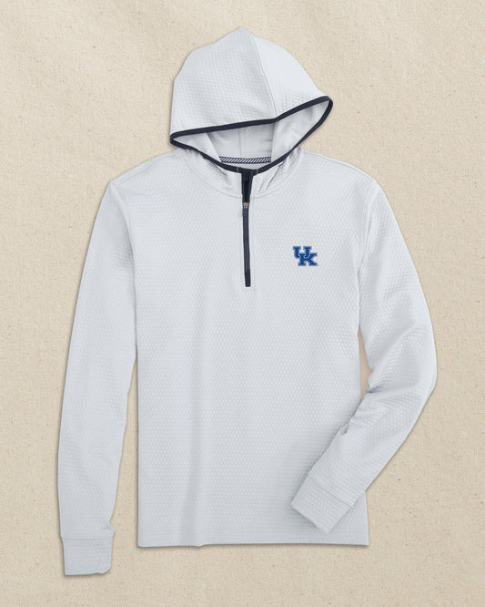 The front view of the Southern Tide Kentucky Wildcats Scuttle Quarter Zip Hoodie by Southern Tide - Heather Slate Grey